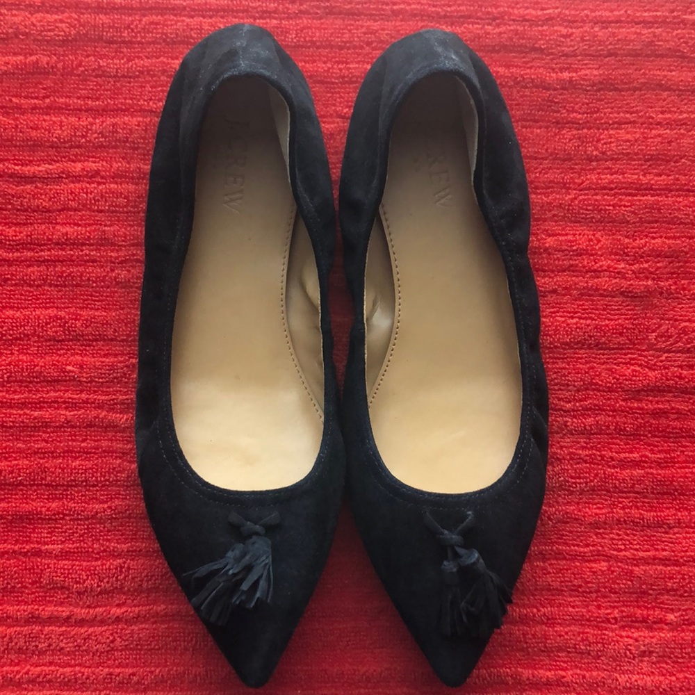J.Crew pointy suede flats with tassels.